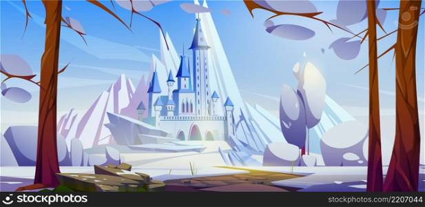 Road to castle on hill with snow and ice peaks. Vector cartoon illustration of winter landscape of fairy tale kingdom with royal palace with towers, mountains, path and bare trees. Road to castle on hill in winter