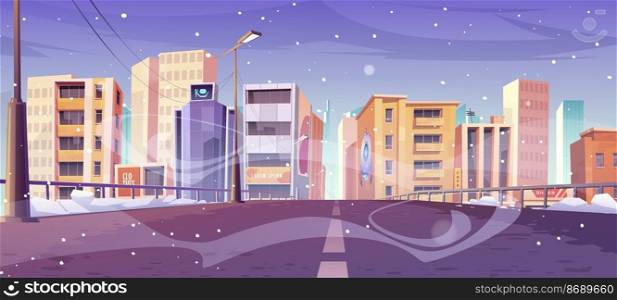 Road to city, town street with buildings with shops and houses in winter. Vector cartoon cityscape with empty highway, urban architecture, snow, snowfall and blizzard. Road to city, town street with snow in winter