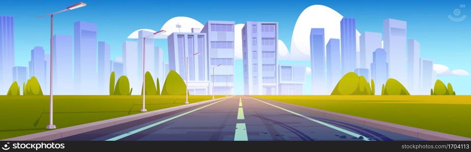 Road to city with buildings and skyscrapers on skyline. Vector cartoon illustration of summer landscape with empty highway, street lights, green grass, trees and modern town on horizon. Road to city with buildings on skyline