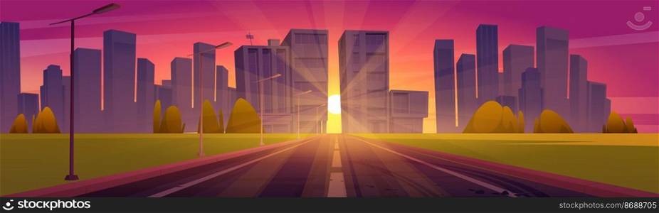 Road to city with buildings and skyscrapers on skyline at sunset. Vector cartoon illustration of summer landscape with empty highway, street lights, sun and modern town on horizon at evening. Road to city with buildings on skyline at sunset