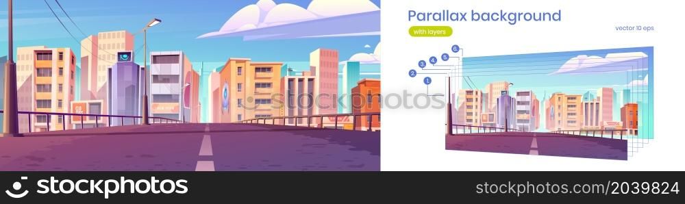 Road to city with office buildings, shops and houses. Vector parallax background for 2d animation with cartoon urban landscape, cityscape with empty street and town buildings. Parallax background with road and city buildings