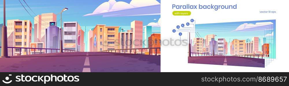 Road to city with office buildings, shops and houses. Vector parallax background for 2d animation with cartoon urban landscape, cityscape with empty street and town buildings. Parallax background with road and city buildings