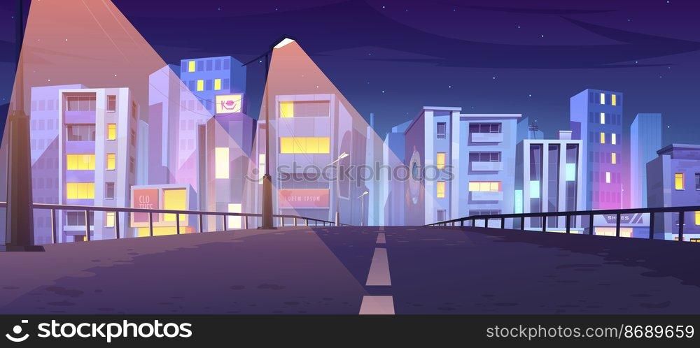 Road to city with office buildings, shops and houses at night. Vector cartoon urban landscape with empty street, town buildings, street lights and stars in sky. Road to city with buildings and houses at night