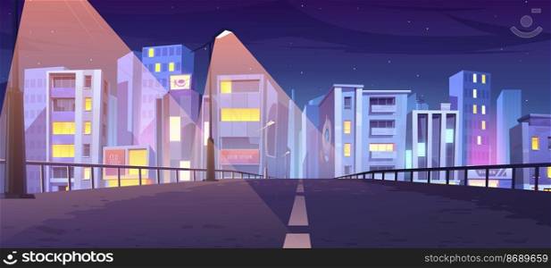 Road to city with office buildings, shops and houses at night. Vector cartoon urban landscape with empty street, town buildings, street lights and stars in sky. Road to city with buildings and houses at night