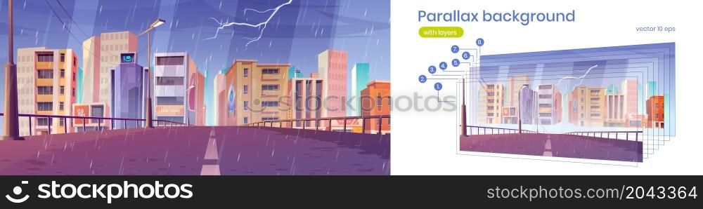 Road to city with office buildings, shops and houses in rain. Vector parallax background for 2d animation with cartoon cityscape with empty town street and thunderstorm with lightning. Parallax background with city road in rain