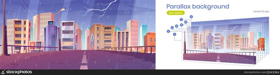 Road to city with office buildings, shops and houses in rain. Vector parallax background for 2d animation with cartoon cityscape with empty town street and thunderstorm with lightning. Parallax background with city road in rain