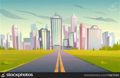 Road to city with skyscrapers, office buildings and houses. Vector cartoon urban landscape with empty suburban highway, green grass and modern town on skyline. Summer cityscape. Vector cityscape with highway road and town
