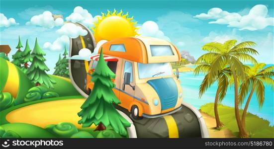 Road to clouds, sea and forest. Nature landscape 3d vector panorama