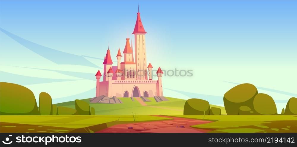 Road to fairy tale castle on hill. Vector cartoon illustration of summer landscape of fantasy kingdom with royal palace with towers. Medieval chateau on green fields with path and bushes. Road to fairy tale royal castle on green hill