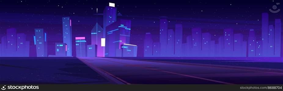 Road to night city, empty highway and glowing purple skyline with futuristic megapolis modern urban architecture with skyscraper buildings, towers on neon background, Cartoon vector illustration. Road to night city, empty highway, purple skyline