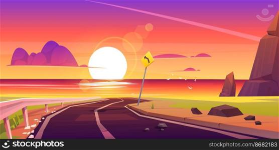 Road to sea beach sunset landscape. Mountain asphalt way with dusk seaview, curly empty highway with turn sign in rocky shore. Summer travel to ocean scenic background, Cartoon vector illustration. Road to sea beach sunset landscape, asphalt way