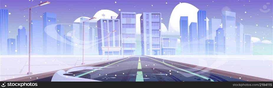 Road to winter city, empty highway with street lamps, blizzard and snowdrifts. Modern town buildings skyline at wintertime season. Urban scene with snow and cold wind, Cartoon vector illustration. Road to winter city, empty highway with lamps