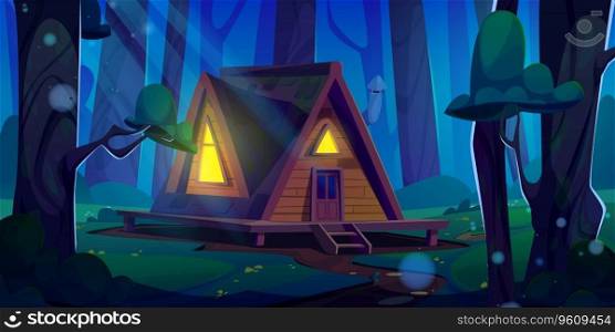 Road to wood house in night forest vector background. Fairy tale summer nature illustration with witch shack. Fantasy halloween game design of hut in magic trees land. 3d spooky mystery scene. Road to wood house in forest vector background