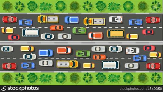 Road top view with highways many different vehicles. Map of cars traffic jam and urban transport. City infrastructure with transportation design elements and highways. Road top view with highways