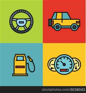 Road tourist color icons. Road tourist color icons in line style with black stroke on color background. Vector illustration