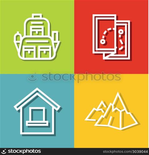 Road tourist icons in line style on color background. Road tourist icons in line style on color background. Mountain hiking, map and backpack. Vector illustration