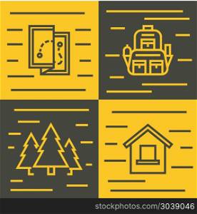Road tourist line icons. Road tourist line icons on yellow and brown background. Travel tourism and hiking, vector illustration