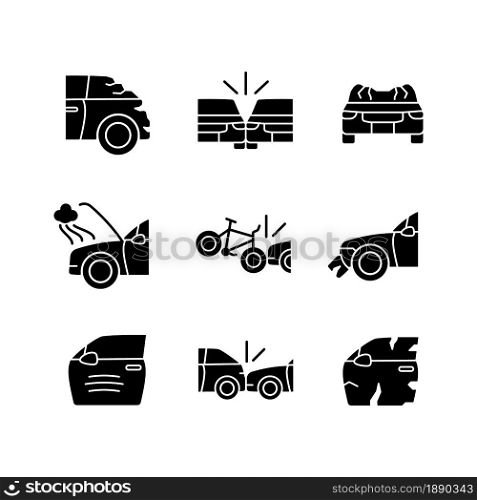 Road traffic accidents black glyph icons set on white space. Car damaged body parts. Broadside crash. Car-on-bike collision. Damage to vehicle. Silhouette symbols. Vector isolated illustration. Road traffic accidents black glyph icons set on white space