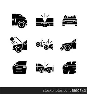 Road traffic accidents black glyph icons set on white space. Car damaged body parts. Broadside crash. Car-on-bike collision. Damage to vehicle. Silhouette symbols. Vector isolated illustration. Road traffic accidents black glyph icons set on white space