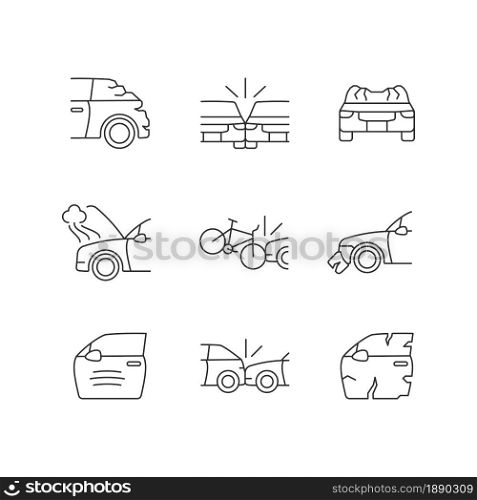 Road traffic accidents linear icons set. Car damaged body parts. Broadside crash. Car-on-bike collision. Customizable thin line contour symbols. Isolated vector outline illustrations. Editable stroke. Road traffic accidents linear icons set