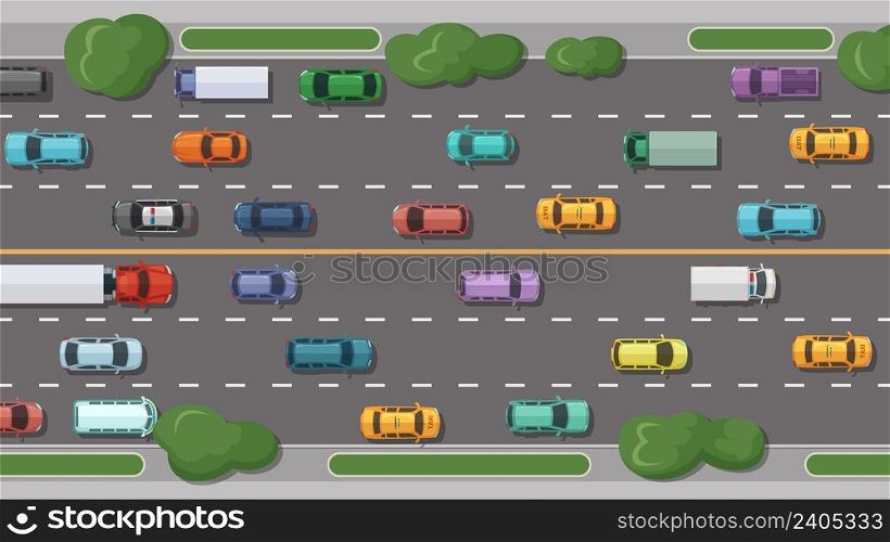 Road traffic. City street with cars and taxi top view. Town transportation vector background. Illustration of city car road street, urban view transport. Road traffic. City street with cars and taxi top view. Town transportation vector background