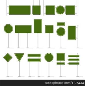 Road traffic signboard. Green blank traffic signs, empty direction sign board mockup, street location arrow and warning highway square text panel and billboard vector isolated icon in different shapes. Road traffic signboard. Green traffic signs, direction sign board mockup, street location arrows and warning highway square text panel and billboard vector isolated icon set
