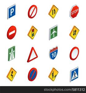 Road traffic signs isometric icons set . Common road traffic regulatory and warning signs symbols to learn isometric icons set abstract vector illustration