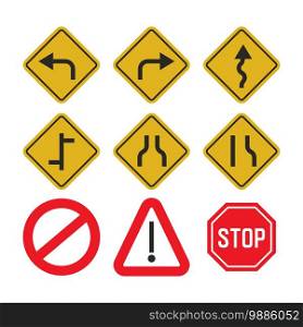Road traffic signs set in yellow and red. Car direction on the road icons vector illustration way signpost