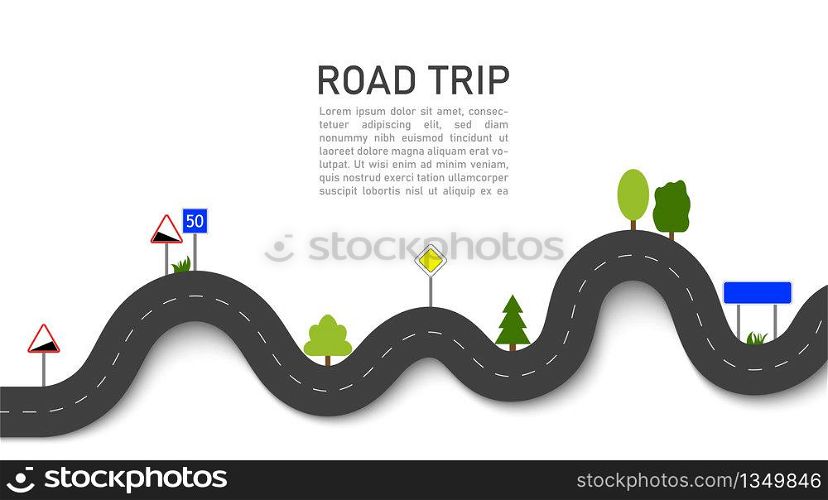 Road trip. 3D navigation and location on trip with signs and trees. Winding way map. Journey for car in highway. Travel on taxi. Infographic for path. Transport traffic route in flat style. Vector.. Road trip. 3D navigation and location on trip with signs and trees. Winding way map. Journey for car in highway. Travel on taxi. Infographic for path. Transport traffic route in flat style. Vector