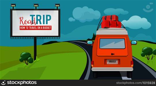 Road trip. Adventure concept with vacation travel driving car on highway vector urban landscape cartoon. Illustration of trip road, journey and adventure travel. Road trip. Adventure concept with vacation travel driving car on highway vector urban landscape cartoon