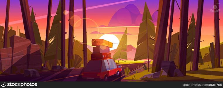 Road trip by car at summer vacation, holidays travel on automobile with bags on roof going at highway in forest with trees at dusk. Family c&ing leisure, nature journey, cartoon vector illustration. Road trip by car, summer vacation, holidays travel
