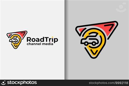 Road Trip Channel Media Logo Design. Abstract Pin Location and Car Symbol with Minimalist Concept Combined with Play Media Symbol Concept.