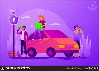 Road trip, road traveling journey, traveling by car concept. Colorful vector isolated concept illustration with tiny people and floral organic elements. Hero image for website.. Road trip vector concept vector illustration.