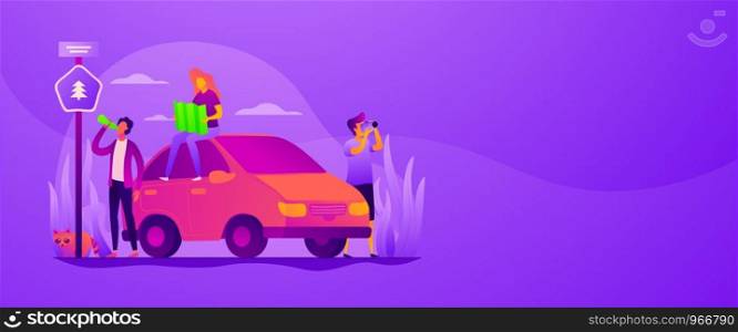Road trip, road traveling journey, traveling by car concept. Vector banner template for social media with text copy space and infographic concept illustration.. Road trip vector web banner concept.
