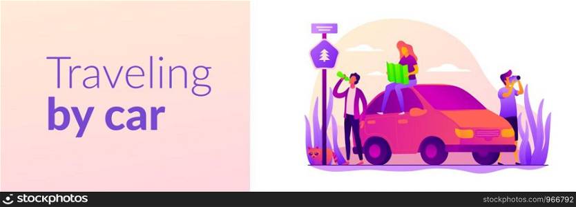 Road trip, road traveling journey, traveling by car concept. Vector banner template for social media with text copy space and infographic concept illustration.. Road trip vector web banner concept.