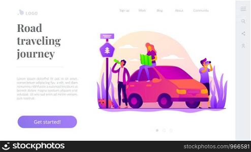Road trip, road traveling journey, traveling by car concept. Website interface UI template. Landing web page with infographic concept creative hero header image.. Road trip vector landing page template.