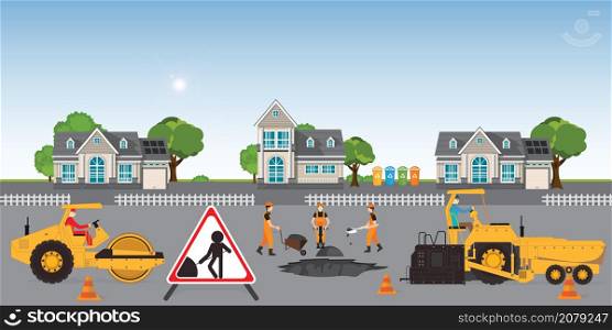 Road under construction.Workers change the asphalt, repair the road surface. Road roller makes the paving on street. flat style design Vector illustration.