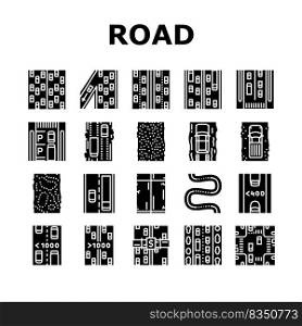 Road Urban And Country Highway Icons Set Vector. Expressway And Local Street Road Constructed From Bituminous And Cement Concrete, Avenue Murram. Low High Traffic Glyph Pictograms Black Illustrations. Road Urban And Country Highway Icons Set Vector