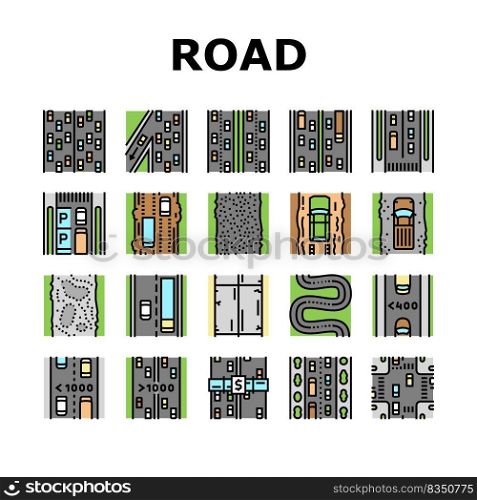Road Urban And Country Highway Icons Set Vector. Expressway And Local Street Road Constructed From Bituminous And Cement Concrete, Avenue And Murram. Low And High Traffic Color Illustrations. Road Urban And Country Highway Icons Set Vector