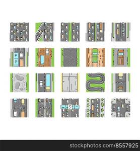 Road Urban And Country Highway Icons Set Vector. Expressway And Local Street Road Constructed From Bituminous And Cement Concrete, Avenue And Murram. Low And High Traffic Color Illustrations. Road Urban And Country Highway Icons Set Vector