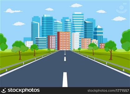 Road way to city buildings on horizon. highway cityscape, modern big skyscrapers town far away ahead, Vector illustration in flat style. Road way to city buildings on horizon