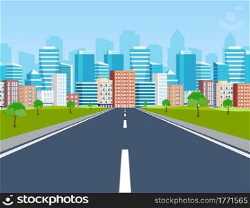 Road way to city buildings on horizon. highway cityscape, modern big skyscrapers town far away ahead, Vector illustration in flat style. Road way to city buildings on horizon