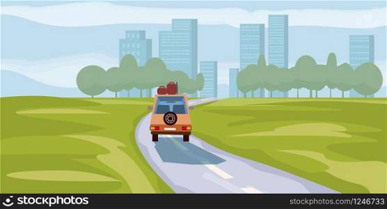 Road way to city buildings on horizon vector illustration, highway cityscape flat style, modern big skyscrapers town far away ahead, forest perspective landscape and city view. Road way to city buildings on horizon vector illustration, car highway cityscape cartoon style, modern big skyscrapers town far away ahead, perspective landscape and city view, vector