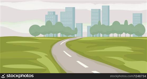 Road way to city buildings on horizon vector illustration, highway cityscape flat style, modern big skyscrapers town far away ahead, forest perspective landscape and city view. Road way to city buildings on horizon vector illustration, highway cityscape cartoon style, modern big skyscrapers town far away ahead, perspective landscape and city view, vector