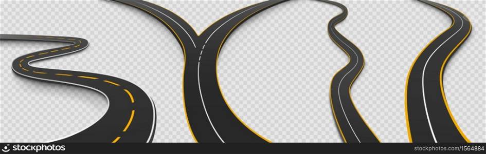 Road, winding and fork highway isolated on transparent background. Journey two lane curve asphalt pathway going into the distance. Route direction and navigation signs for map, Realistic 3d vector set. Road, winding and fork highway isolated icons set