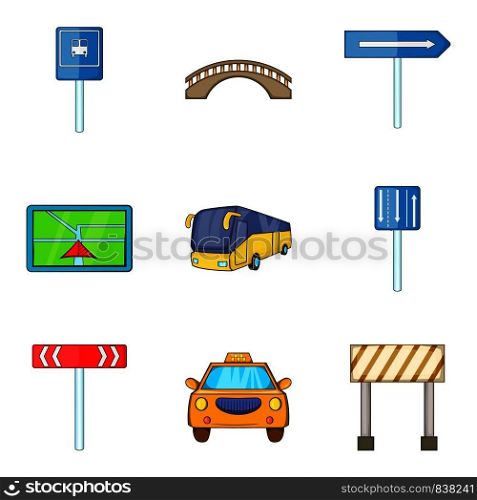 Road work ahead icons set. Cartoon set of 9 road work ahead vector icons for web isolated on white background. Road work ahead icons set, cartoon style