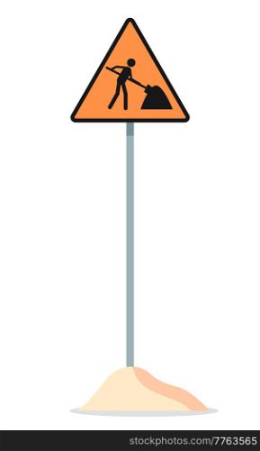 Road work sign icon in yellow and black colours. Sign repair work on a metal pole vector icon for web isolated on white background in the shape of a triangle with a silhouette of a man with a shovel. Road work sign icon on a metal pole. Sign repair work vector icon for web design isolated on white