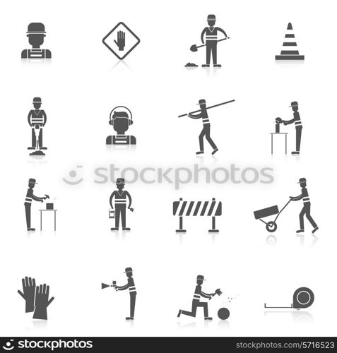 Road worker black icons set with warning under construction sign isolated vector illustration
