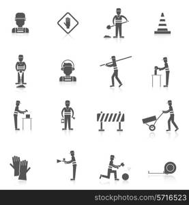 Road worker black icons set with warning under construction sign isolated vector illustration