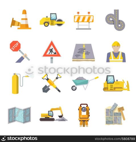 Road worker flat icons set with construction industry symbols and tools isolated vector illustration. Road Worker Flat Icons Set